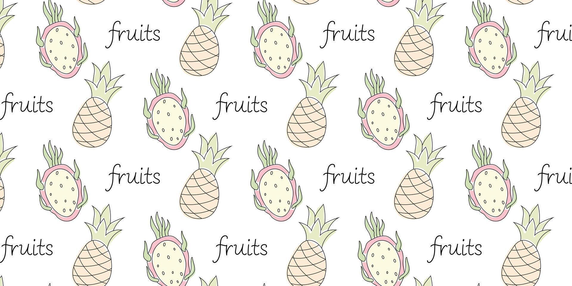 Colorful pattern of tropical fruits with pineapples and the word fruits in a playful design vector