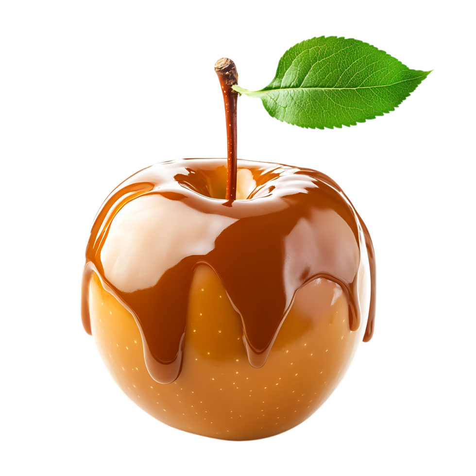 Caramel coated apple with leaf. png