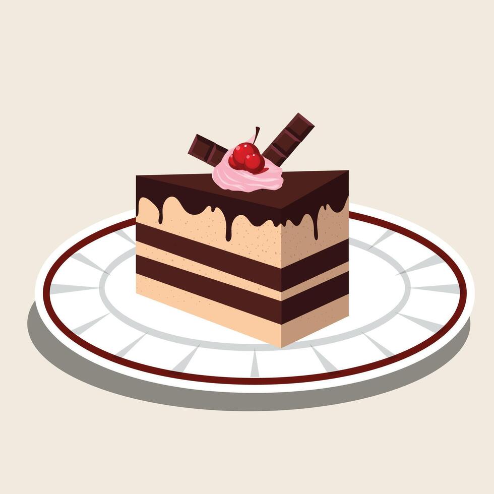 This mouthwatering digital illustration features a rich and creamy slice of chocolate cake elegantly plated on a decorative dish. vector