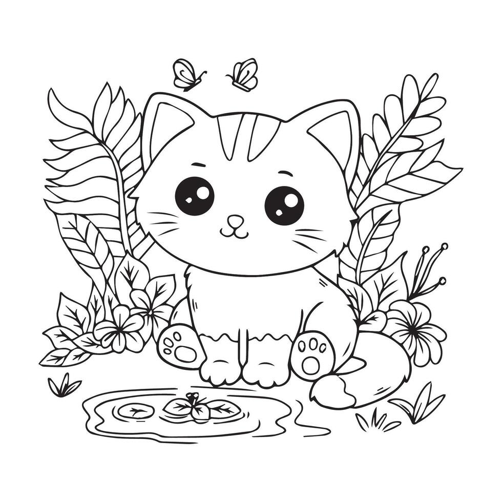 cute cat with flowers and butterflies in the garden illustration to colour vector