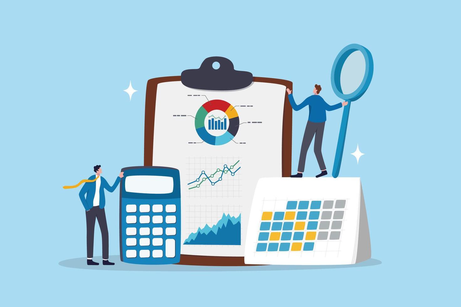 Accounting or budget planning, financial report calculation, expense analysis, tax report document, statistic chart and graph concept, businessman with calculator on accounting analysis clipboard. vector