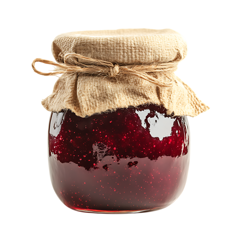 Jar of homemade jam with burlap lid. png