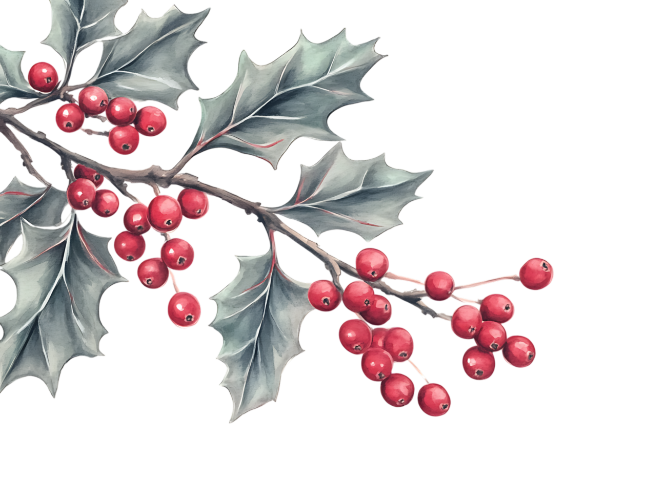 Holly branch with red berries, winter holidays illustration png