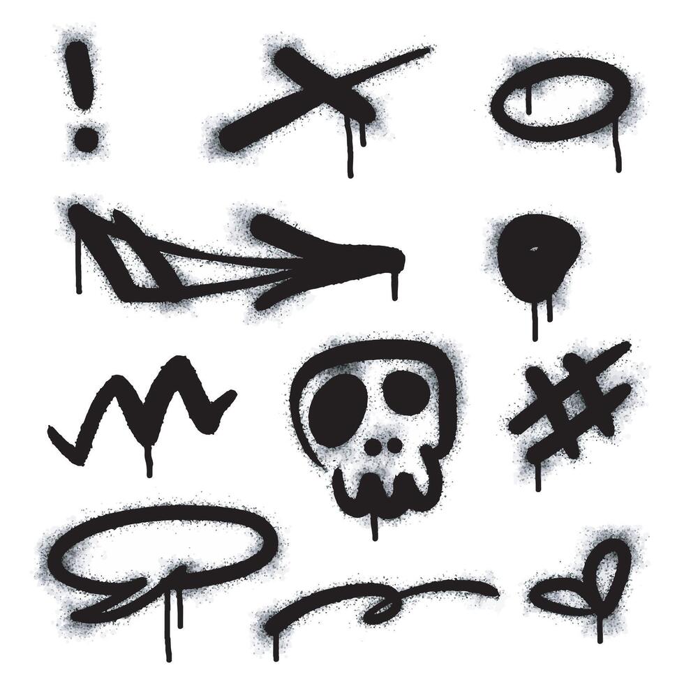 Set of graffiti image symbols. Spray painted graffiti patterns of question marks, arrows, crowns, skulls, stars, fences and punching hands. Spray paint elements. Street art style illustration. vector