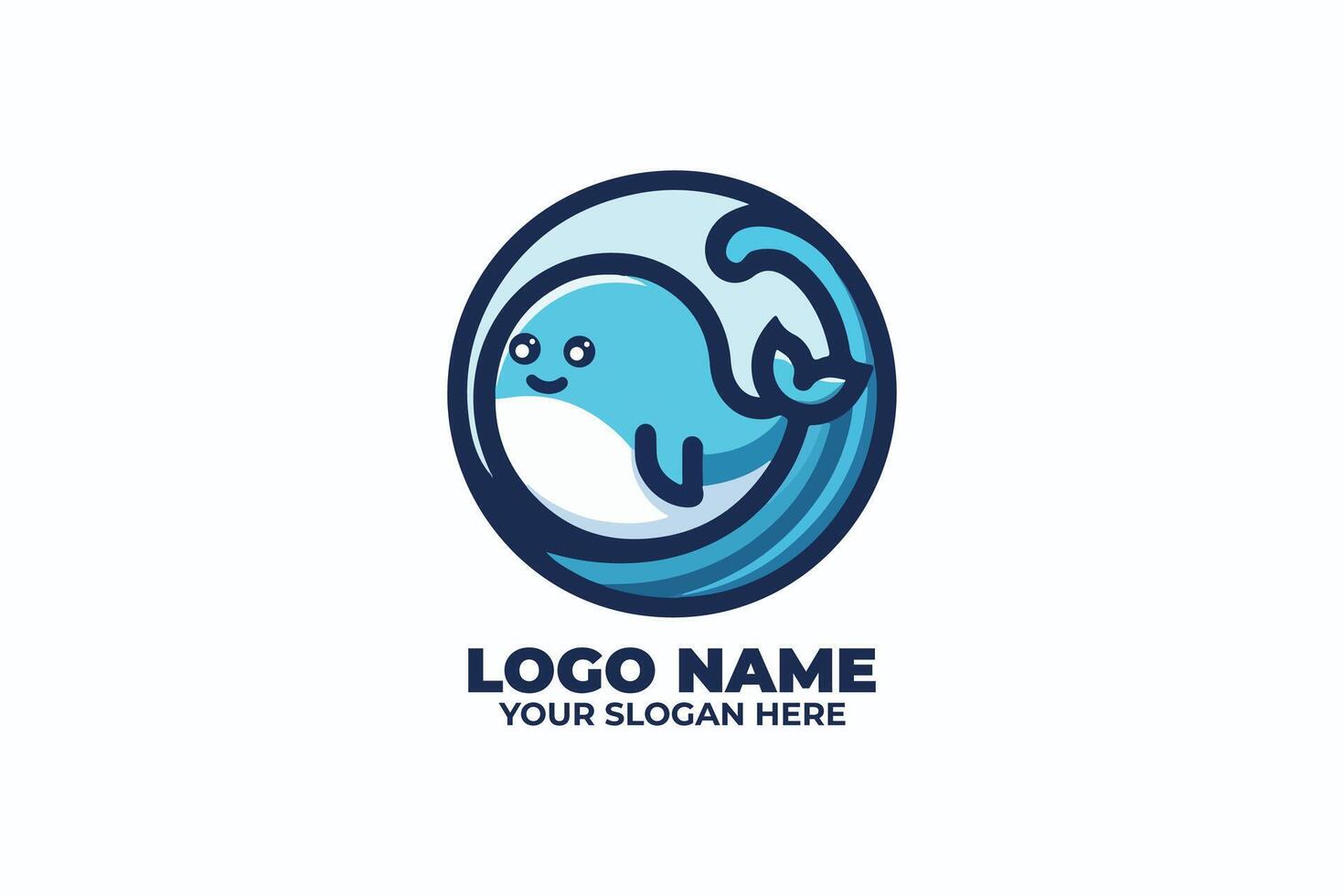 Chibi Style Whale Logo Integrated with a Stylized Ocean Wave vector