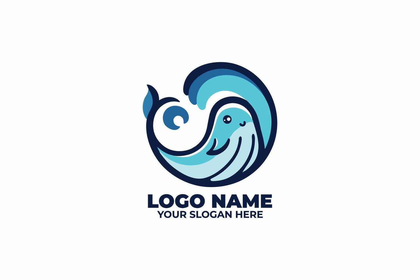 A cute, round whale with a gentle smile, seamlessly merging into a wave design. vector