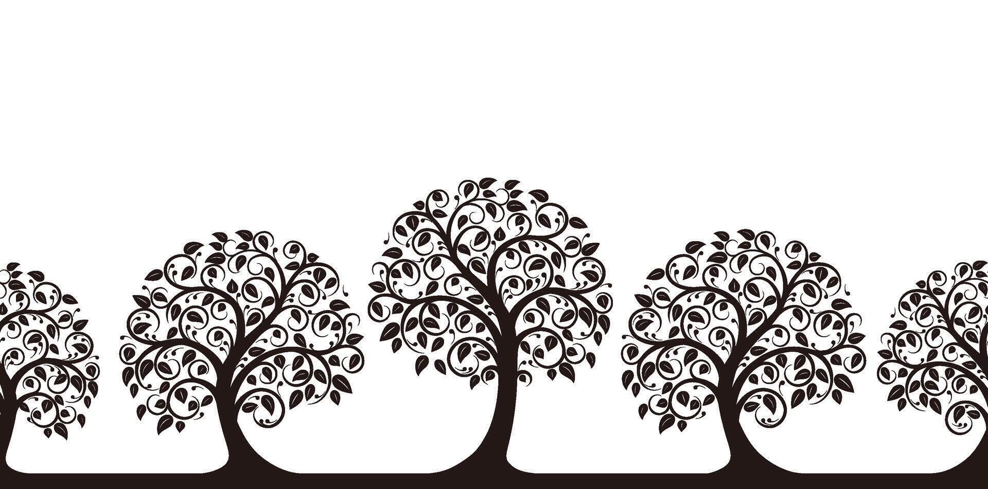 Monochrome Seamless Row Of Trees Silhouette Illustration Isolated On A White Background. Horizontally Repeatable. vector