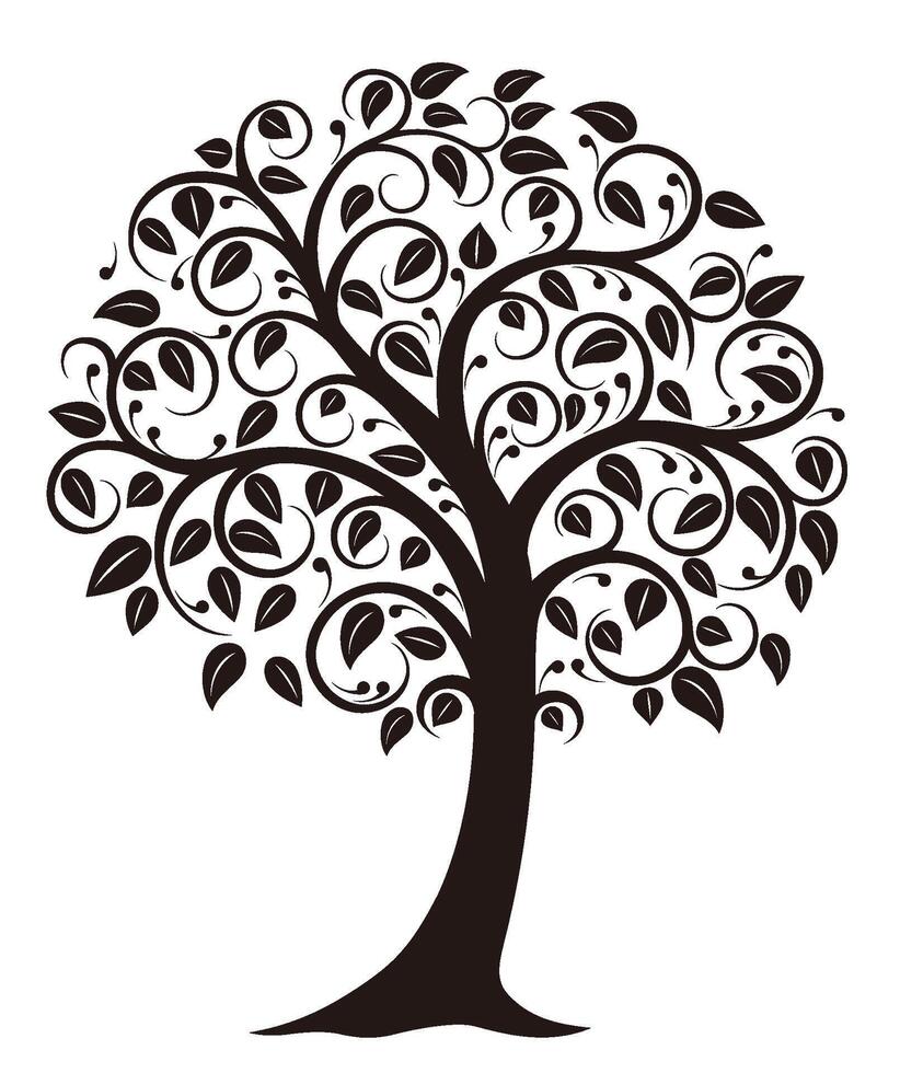 Symbolic Tree Monochrome Silhouette Illustration Isolated On A White Background. vector