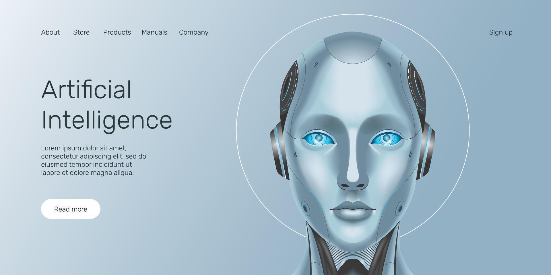 Web banner AI humanoid head front view, machine learning, neural network, landing page. vector