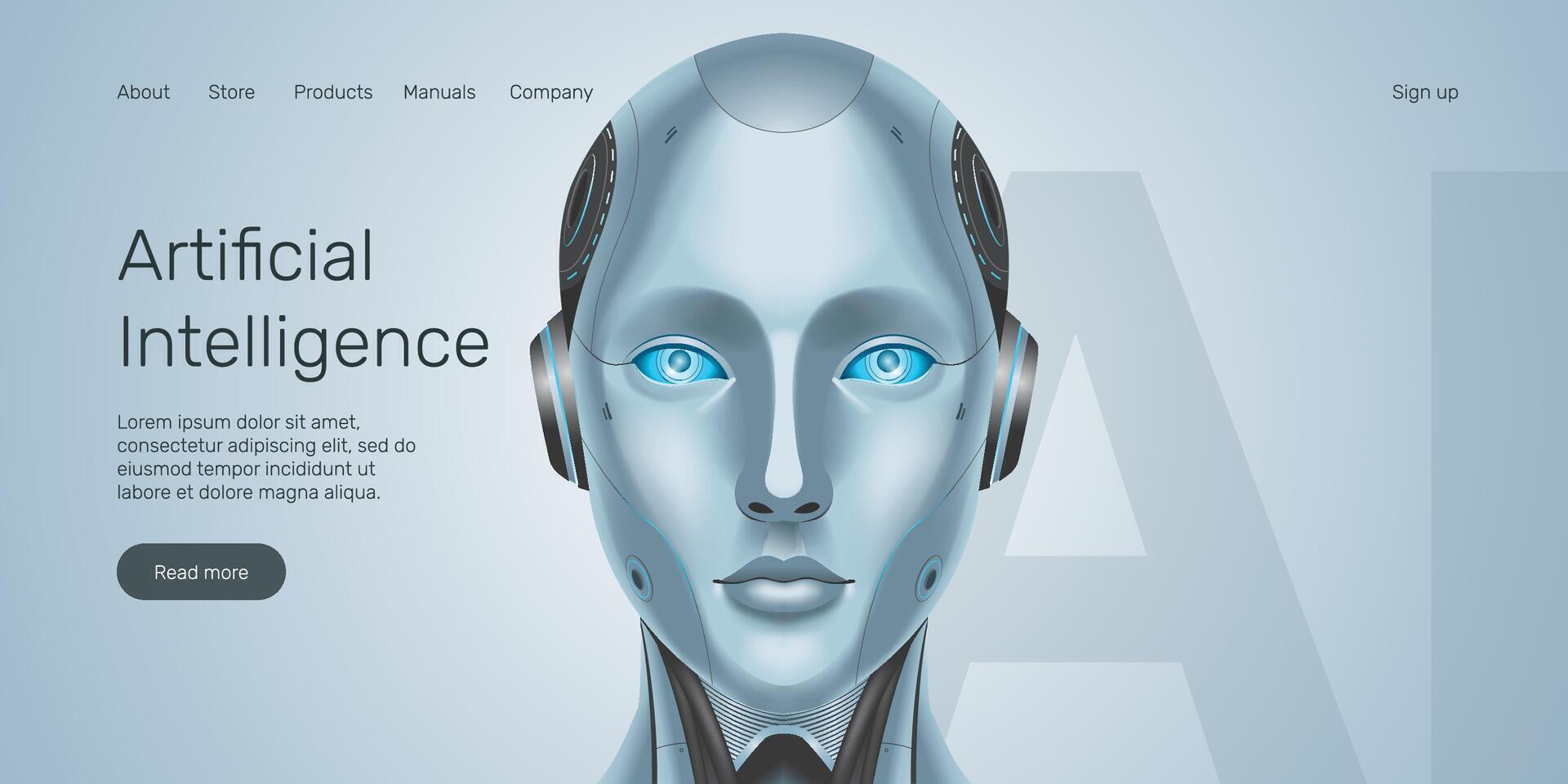 Web banner AI humanoid head front view, machine learning, neural network, Artificial Intelligence landing page. vector