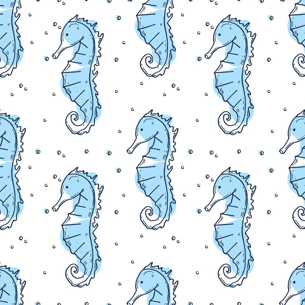 Seamless pattern with seahorse and bubbles. Marine linear illustration of sea creature. Doodle design for print, textile, banner vector