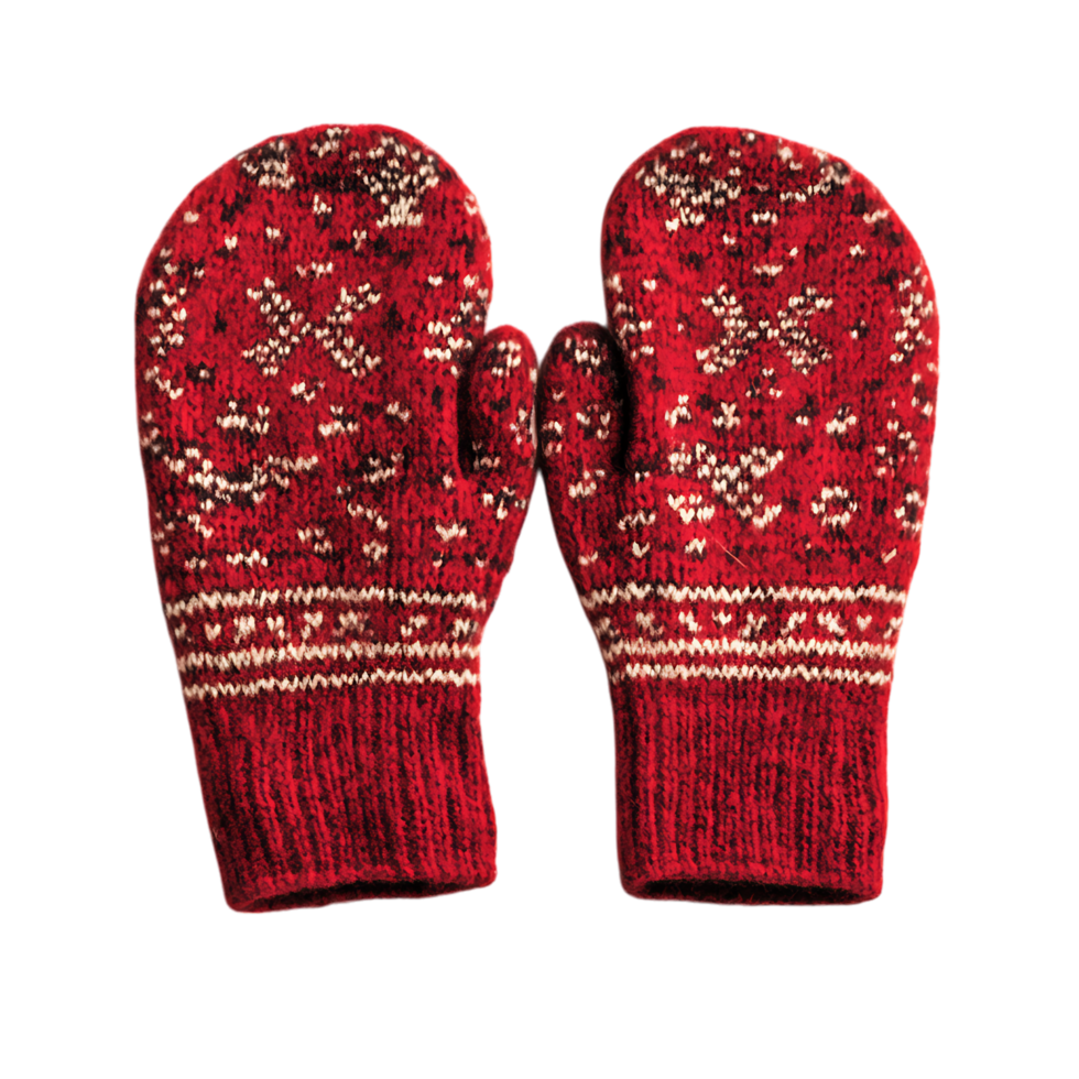 Pair of red knitted mittens with winter pattern png