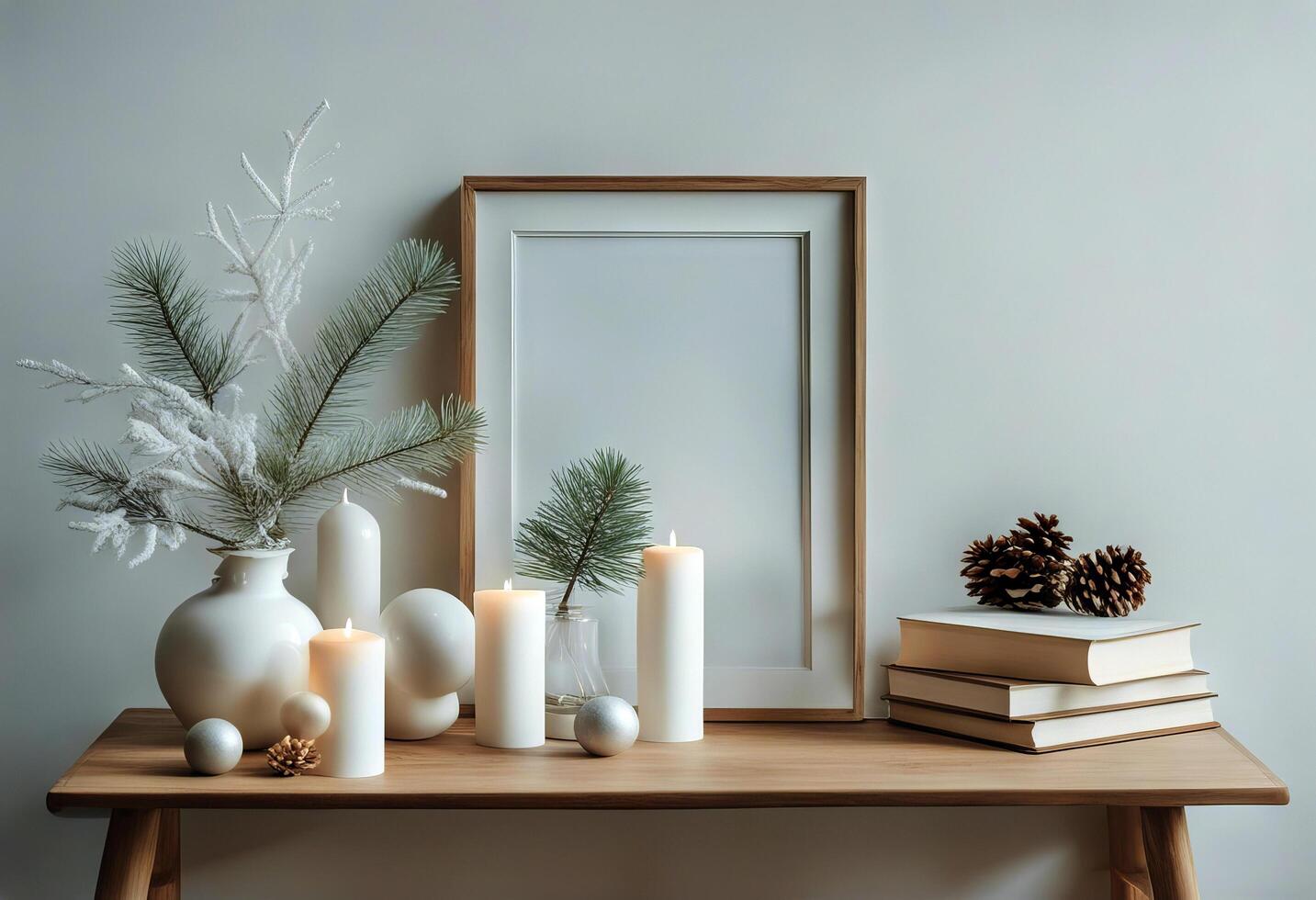 branches Horizontal white pine ceramic table mockup bench paper Modern frame Christmas still life tree wall ornaments wooden books Winter vase vintage decoration decor photo