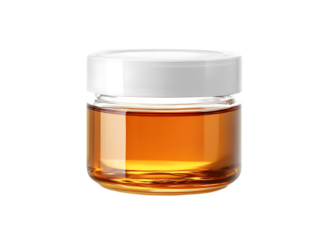 Amber liquid in a small jar with a white lid. png