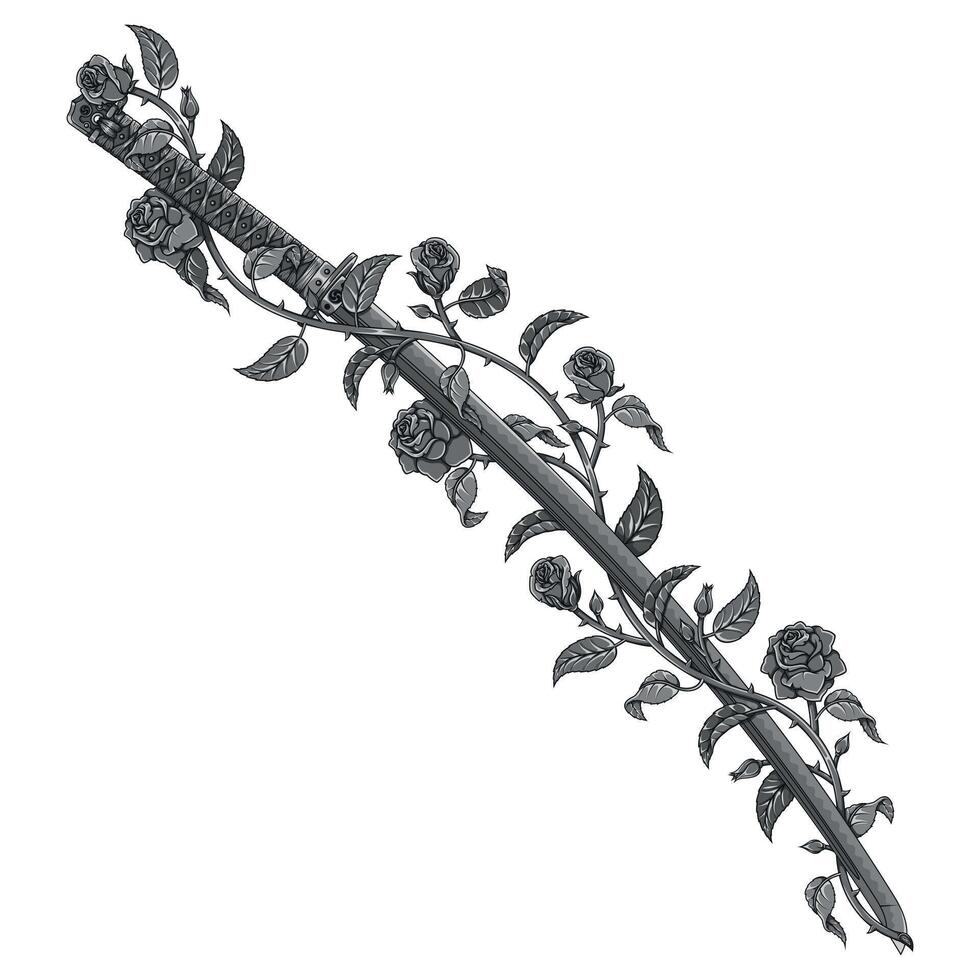 The aged steel of an ancient Japanese katana, nestled amidst a vibrant array of roses, presents a striking juxtaposition of strength and fragility vector