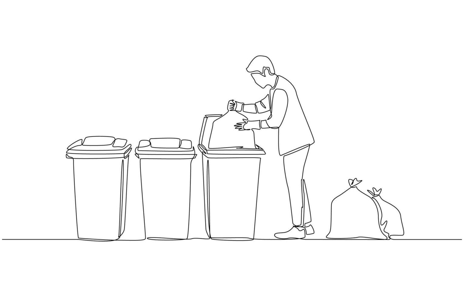 Continuous one line drawing of man separating trash into bags and putting them into different types of bins., waste sorting concept, single line art vector