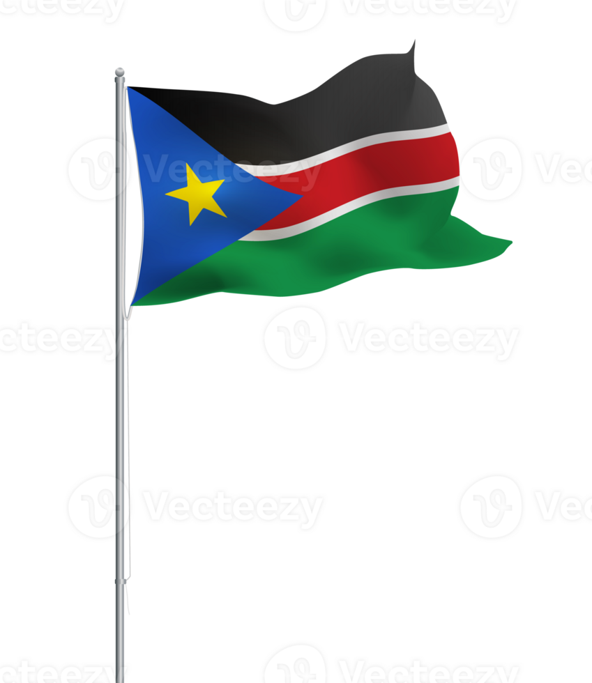 South Sudanese flag waving on pole.Isolated national flag of South Sudan png