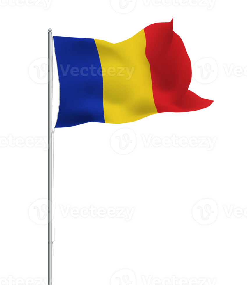 Romania flag waving on pole.Isolated national flag of Romania png