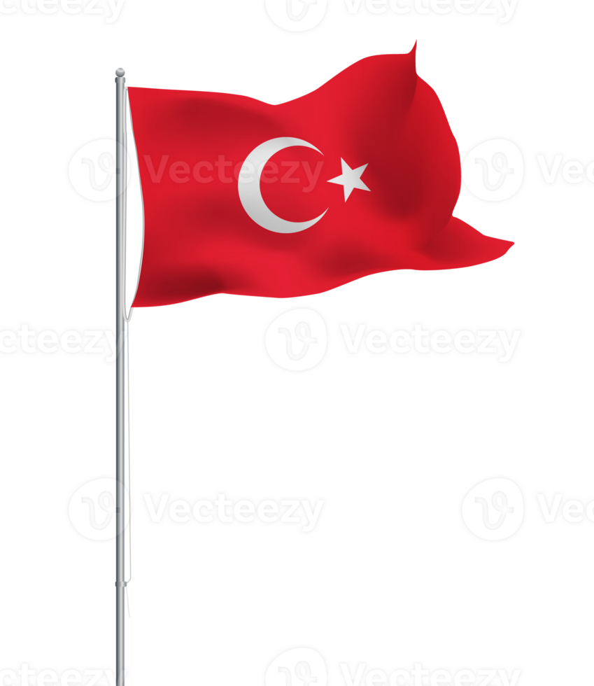 Turkish flag waving on pole.Isolated national flag of Turkey png