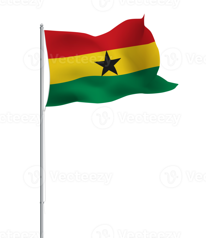 Ghana flag waving on pole.Isolated national flag of Ghana png