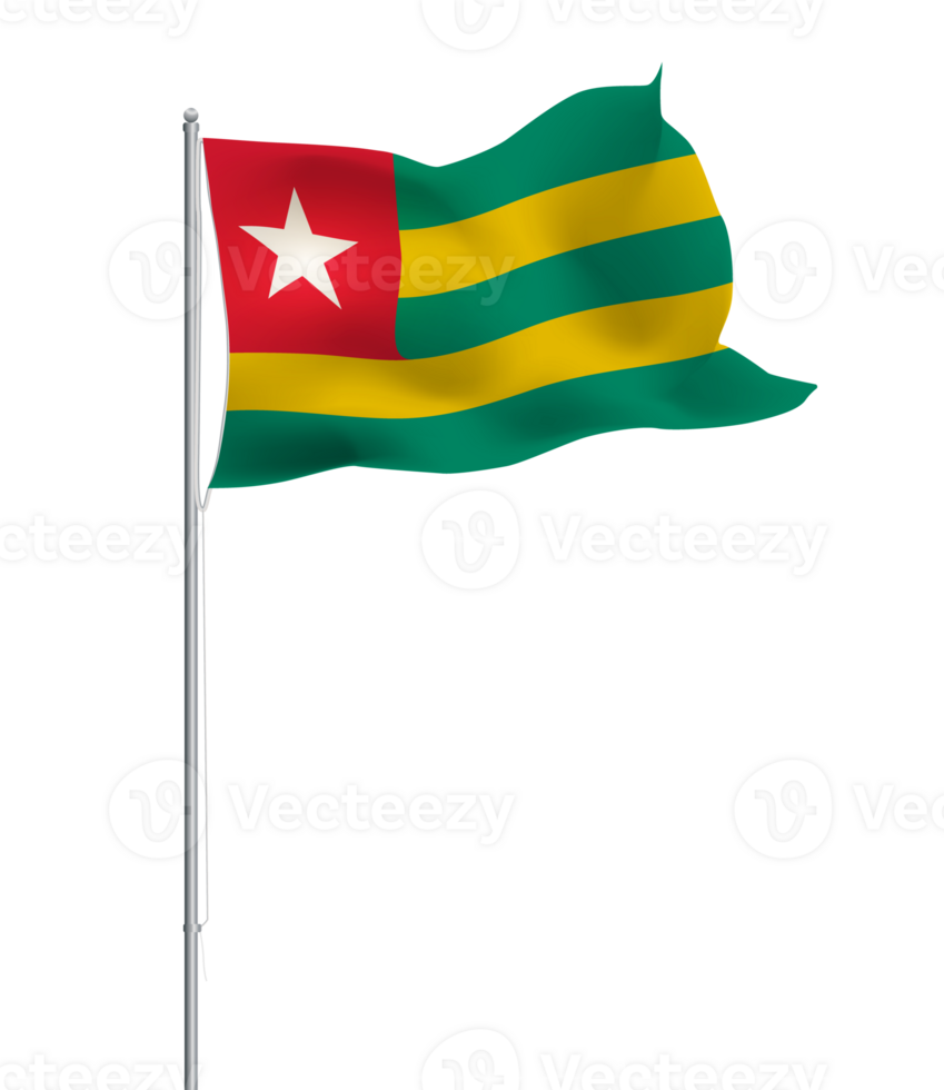 Togo flag waving on pole.Isolated national flag of Togo png