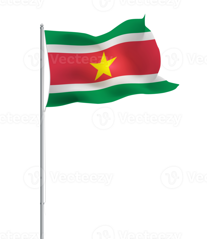 Suriname flag waving on pole.Isolated national flag of Suriname png