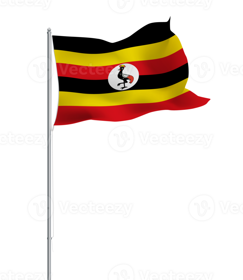 Uganda flag waving on pole.Isolated national flag of Uganda png