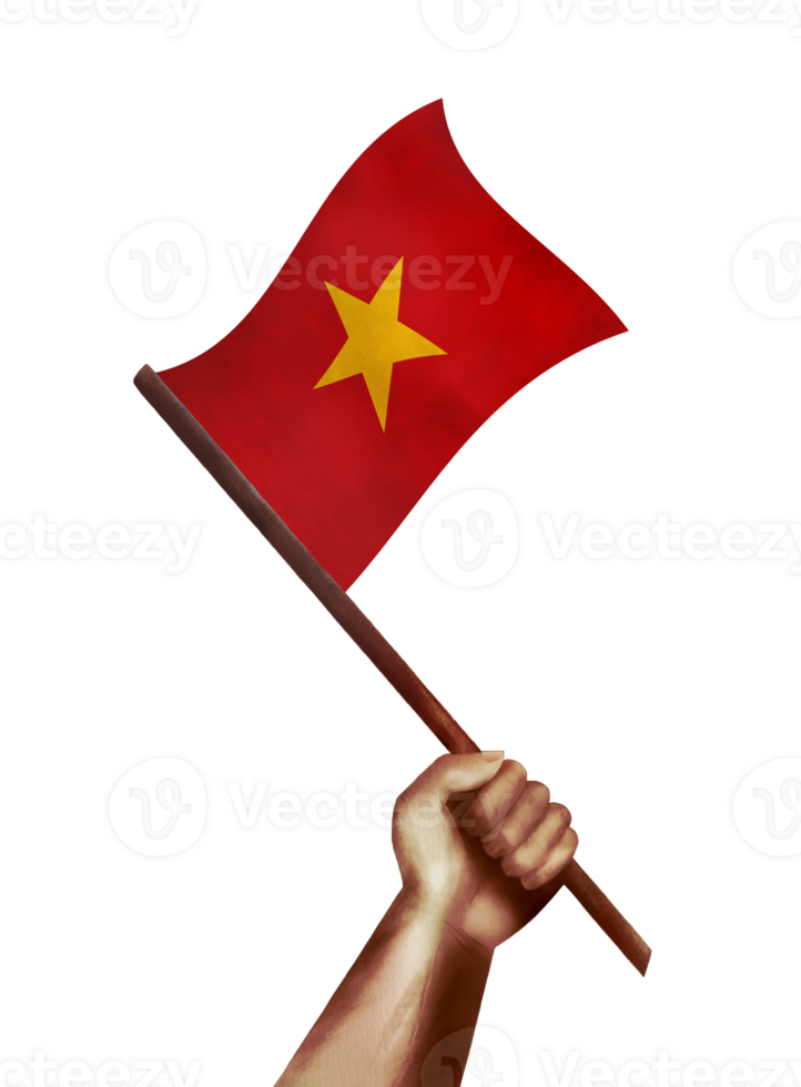 Hand waving Vietnam flag.Vietnamese national flag with vintage effect png