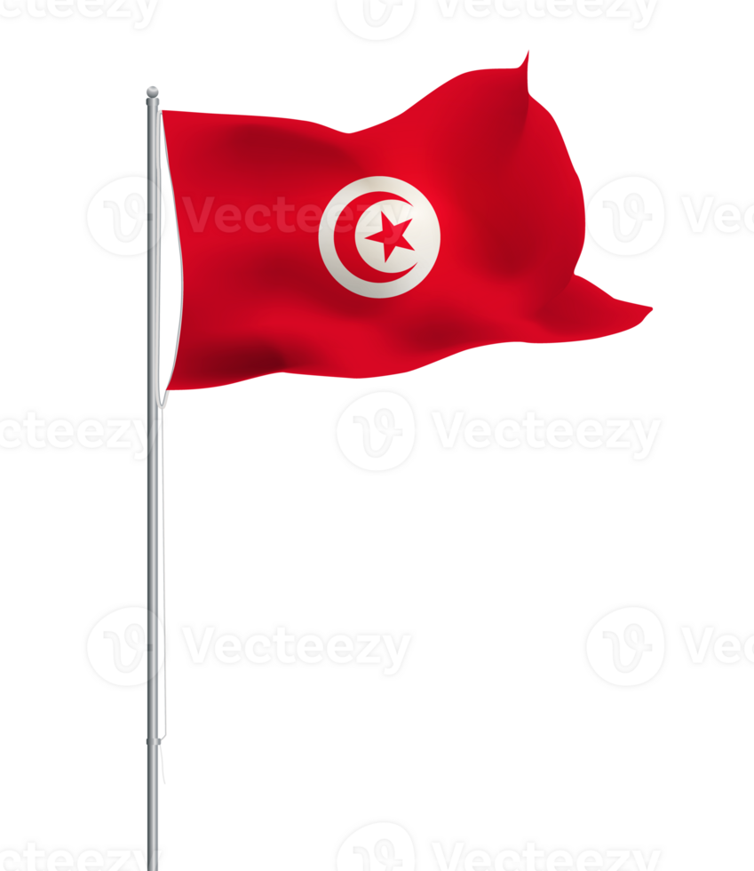 Tunisian flag waving on pole.Isolated national flag of Tunisia png