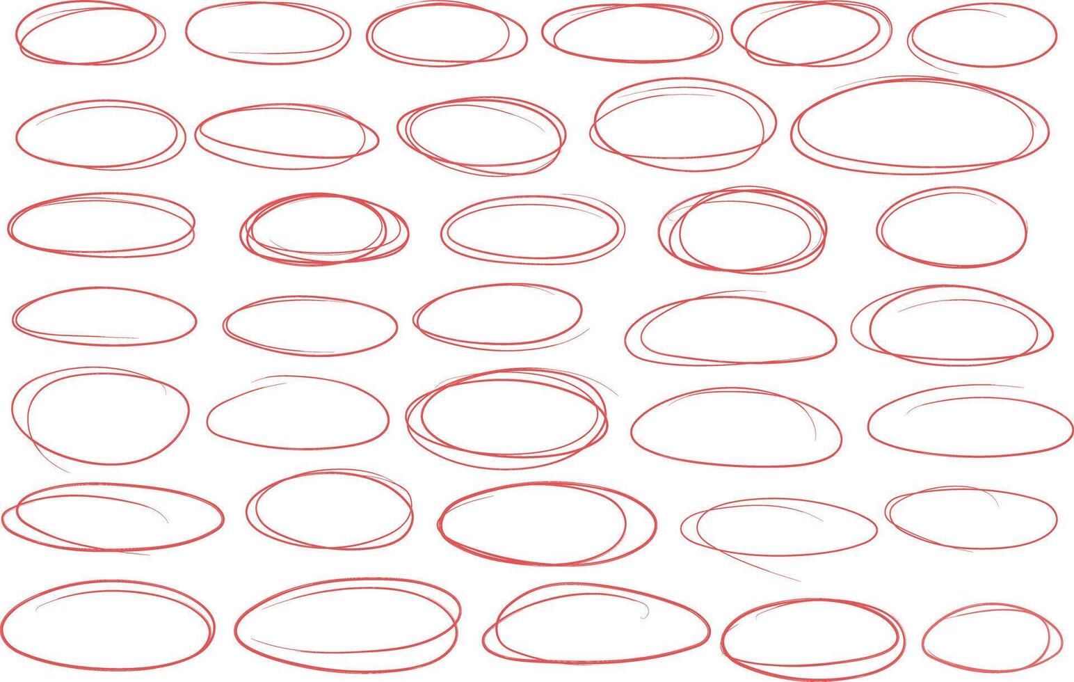 Set of red ellipse shapes on a isolated background, hand drawn. For Highlight the topic or something important. Empty elements for marking. illustration. vector