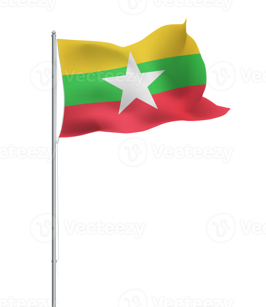 Myanmar flag waving on pole.Isolated national flag of Burma png