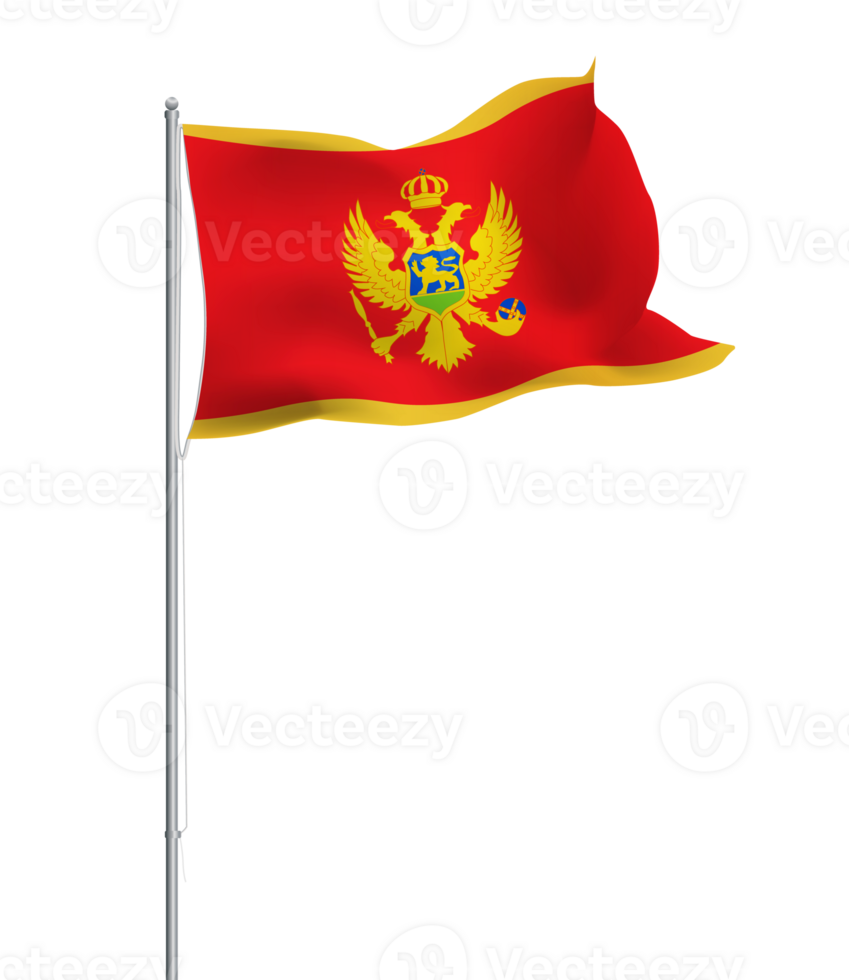 Montenegro flag waving on pole.Isolated national flag of Montenegro png