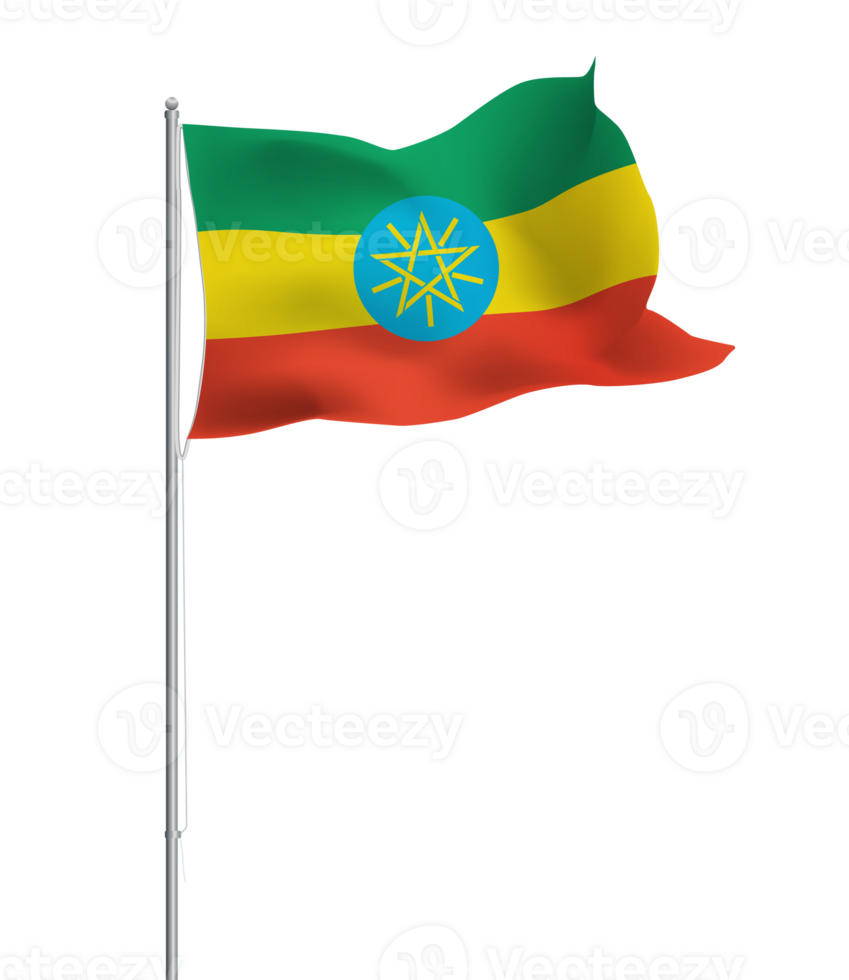 Ethiopia flag waving on pole.Isolated national flag of Ethiopia png