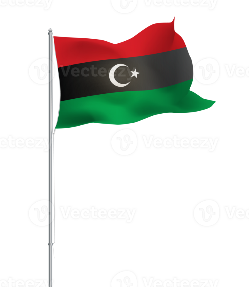 Libyan flag waving on pole.Isolated national flag of Libya png