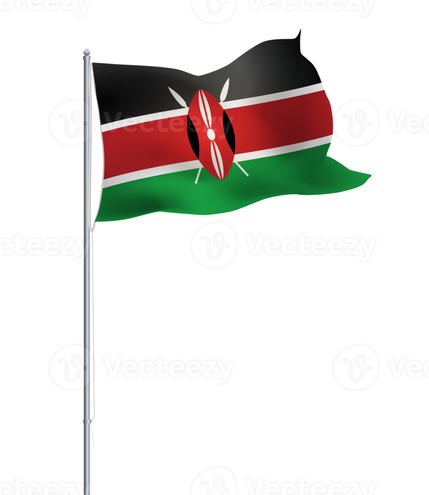 Kenyan flag waving on pole.Isolated national flag of Kenya png