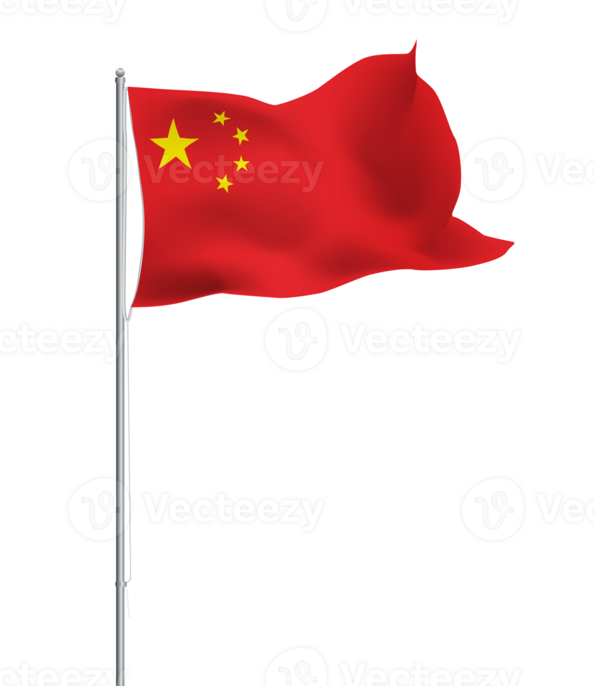 China flag waving on pole.Isolated national flag of China png