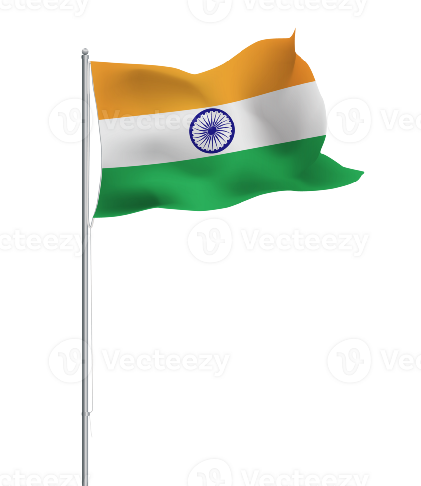 Indian flag waving on pole.Isolated national flag of India png