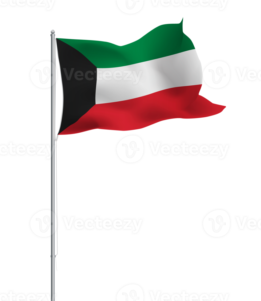 Kuwaiti flag waving on pole.Isolated national flag of Kuwait png
