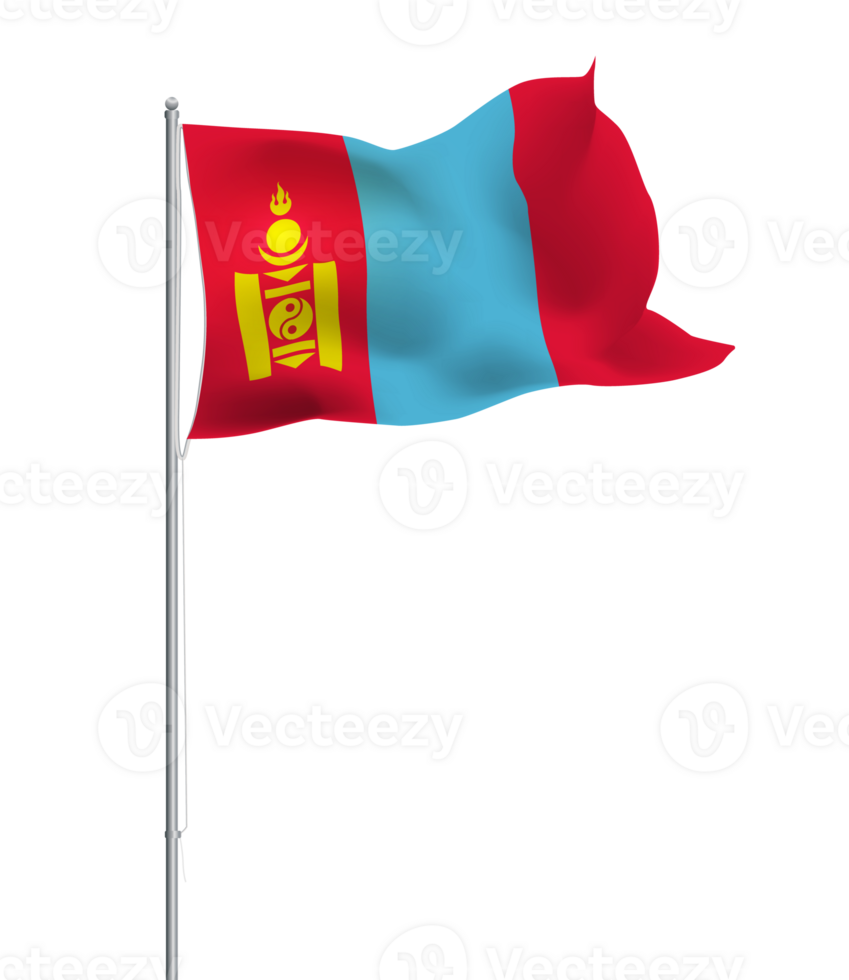 Mongolian flag waving on pole.Isolated national flag of Mongolia png
