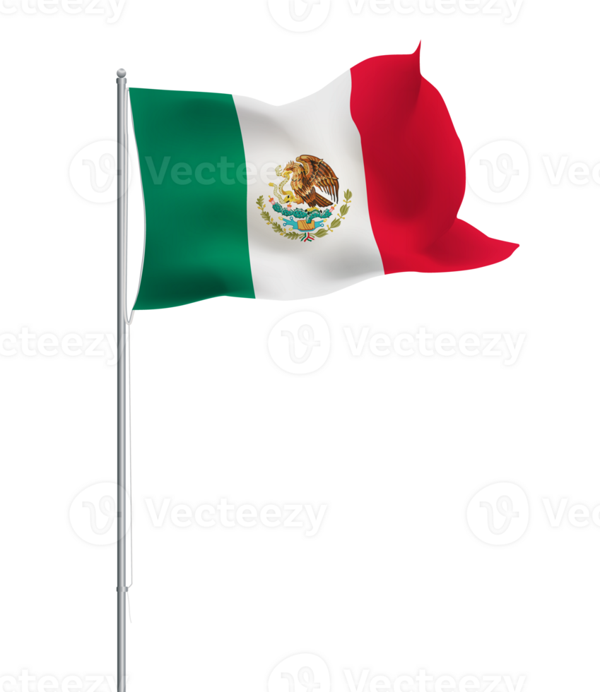 Mexican flag waving on pole.Isolated national flag of Mexico png