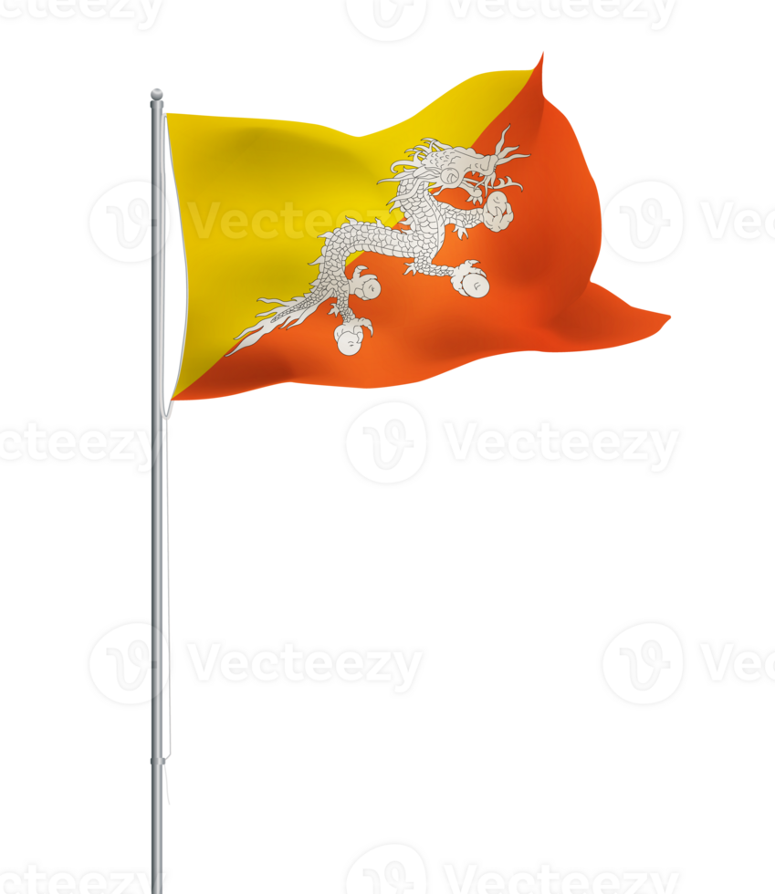 Bhutan flag waving on pole.Isolated national flag of Bhutan png