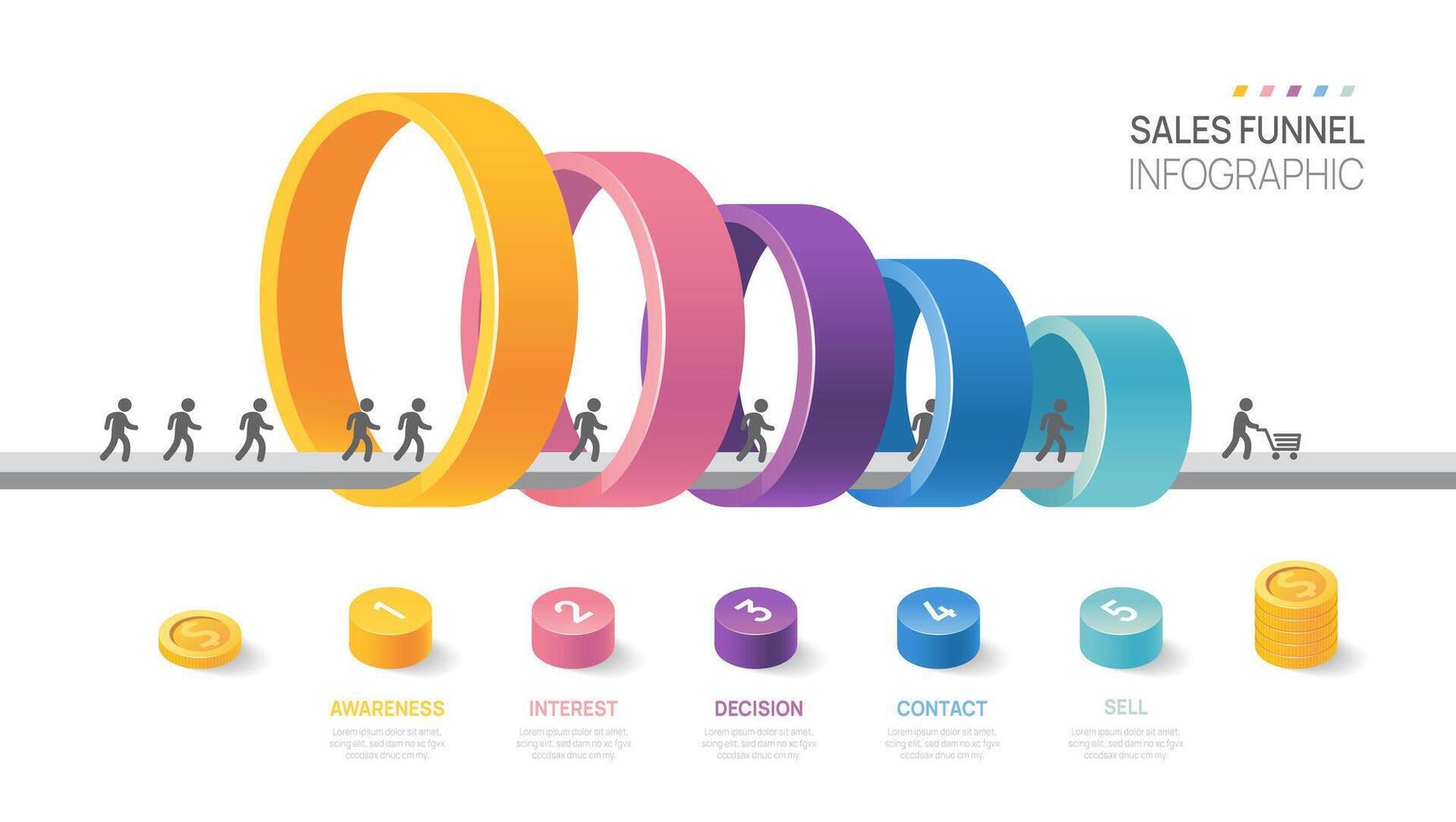 Sales funnel Infographic diagram template for business. Modern arrow Timeline 5 step level, presentation infographic vector
