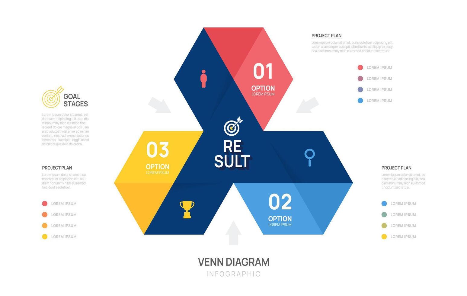 Venn diagram infographic 3 hexagon chart template for business start up presentation with venn diagram elements illustration. vector