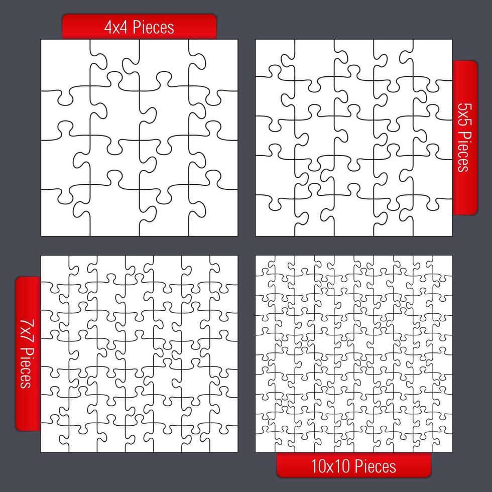 Jigsaw puzzle templates set, four different sizes, 4x4, 5z5, 7x7 and 10x10 vector