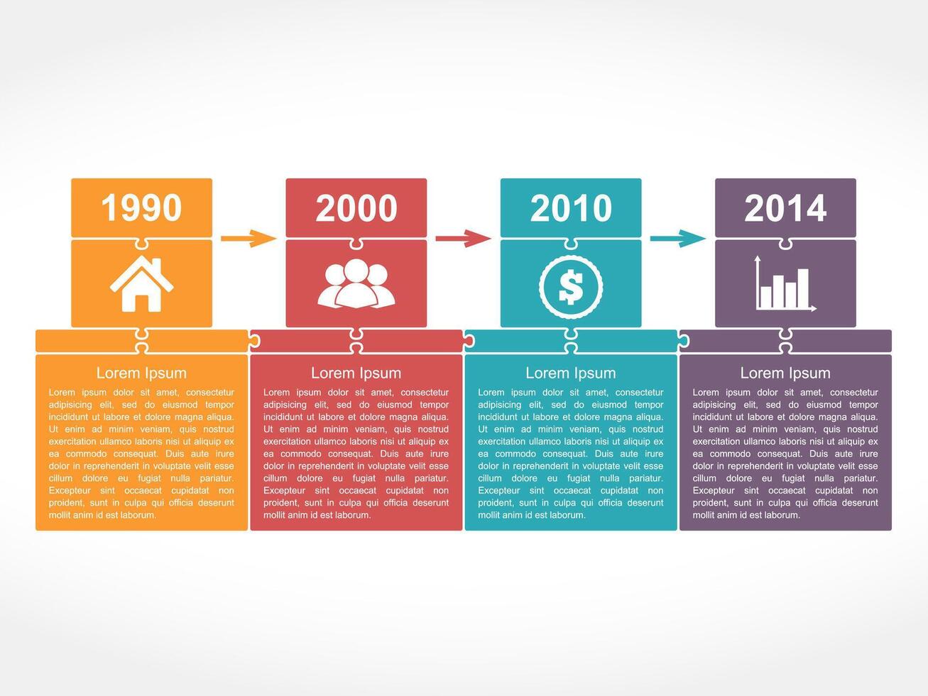 Infographics timeline design template with place for dates, icons and text, puzzle style vector
