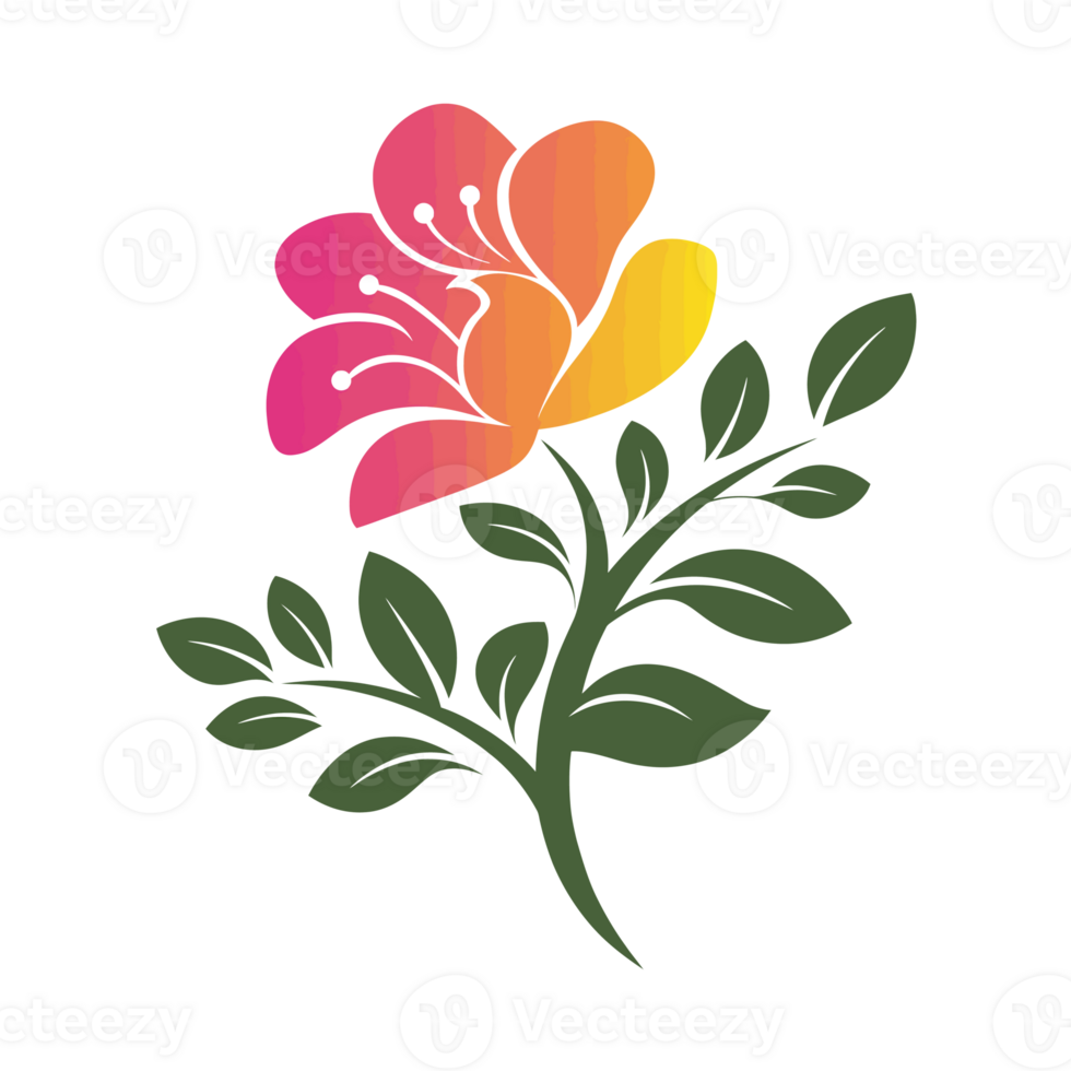 A stylized flower features vibrant petals blending pink, orange, and yellow hues, accompanied by green leaves. cutouts png