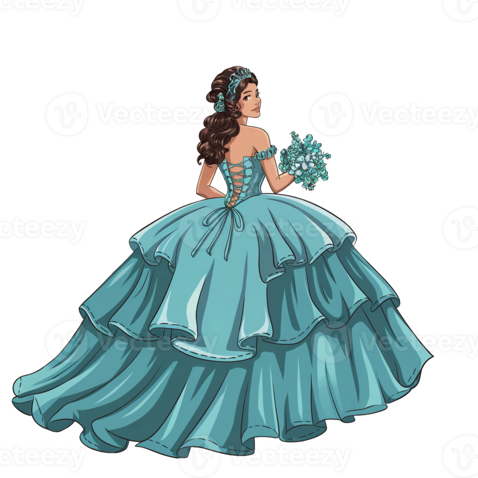 A young woman is depicted from behind, wearing an elegant turquoise ball gown with ruffles and holding a bouquet of matching flowers. cutouts png