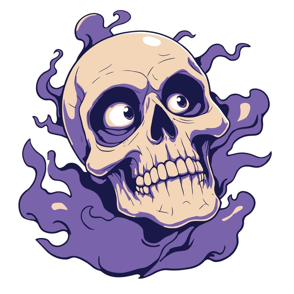 A cartoon skull with purple smoke coming out of it vector