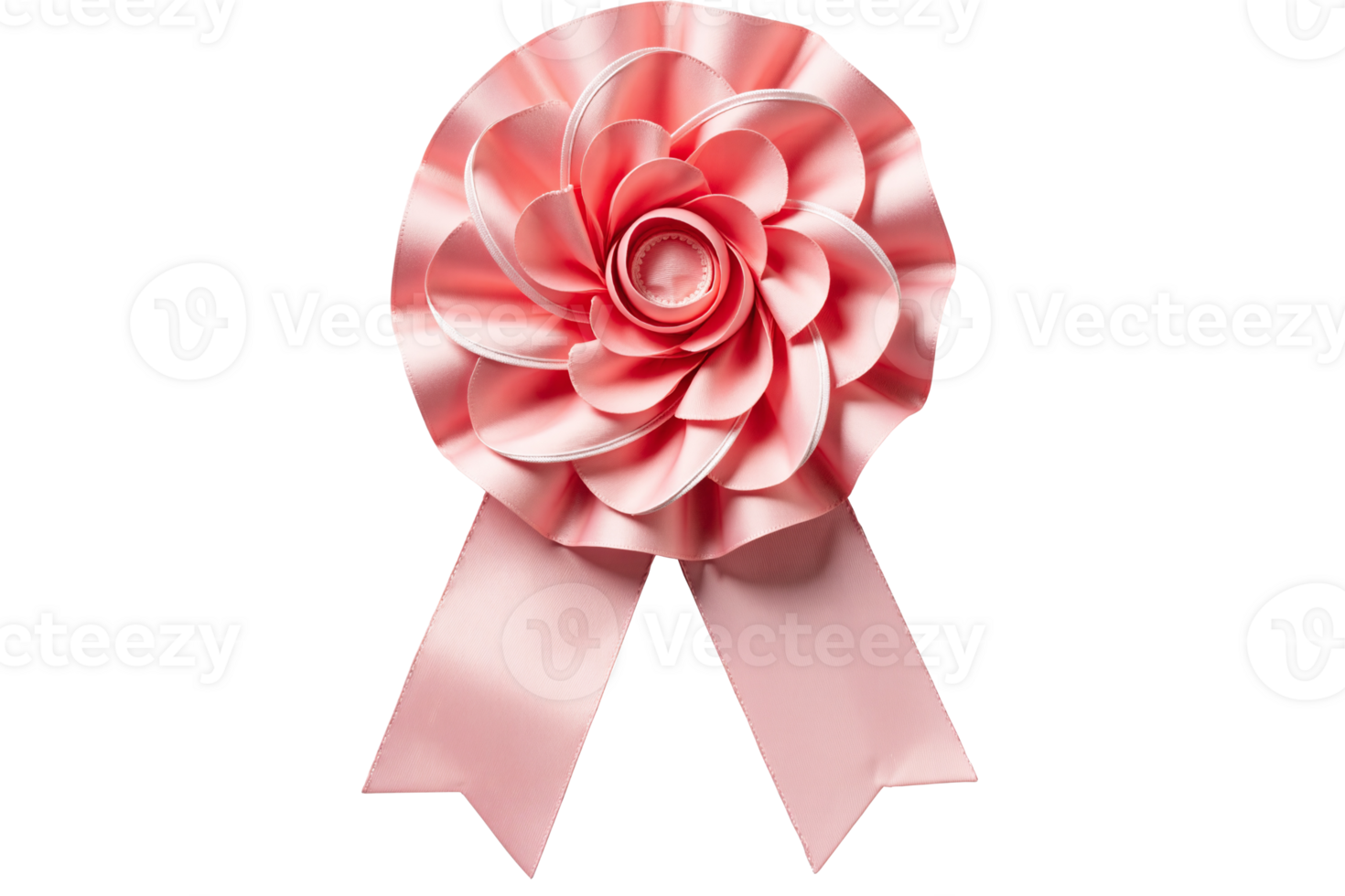 Elegant Pink Satin Award Ribbon Rosette with Pleated Center and Flowing Double Ribbon Tails on Transparent Background png