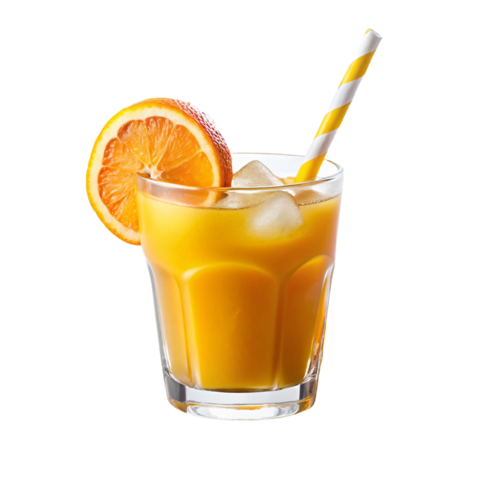 glass of orange juice with ice and straw is isolated on transparent background png